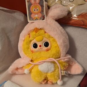Yellow Plush Baby Chick in Pink Bunny Hoodie